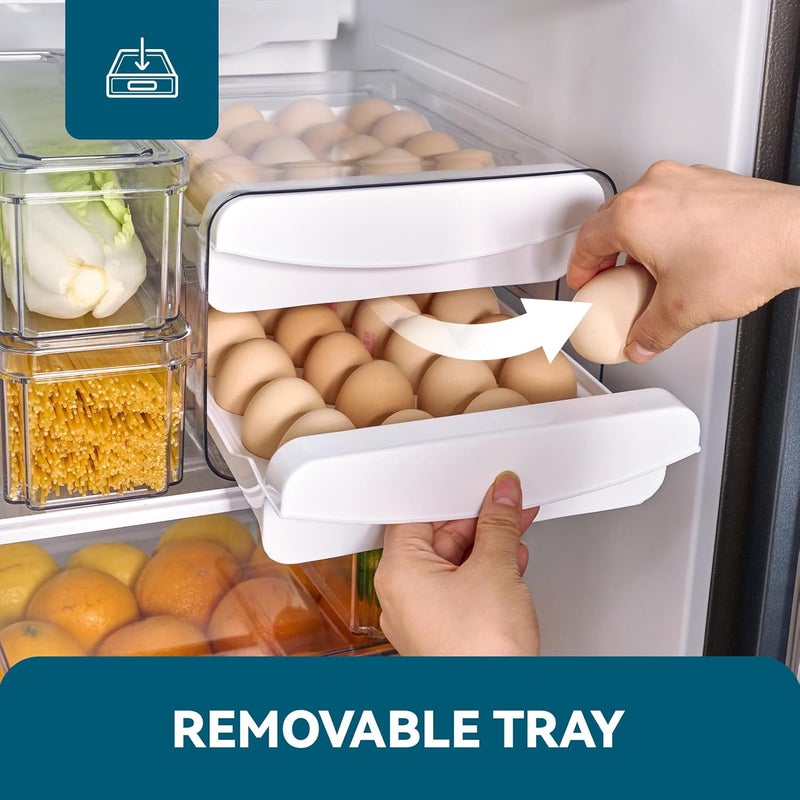 Luckore Egg Container Holders Dispenser for Refrigerator 40 Eggs, 2 Tier Clear Stackable Holder Tray with Drawer for Fridge, Storage Container with Handles for Refrigerator, Countertop - Image 3